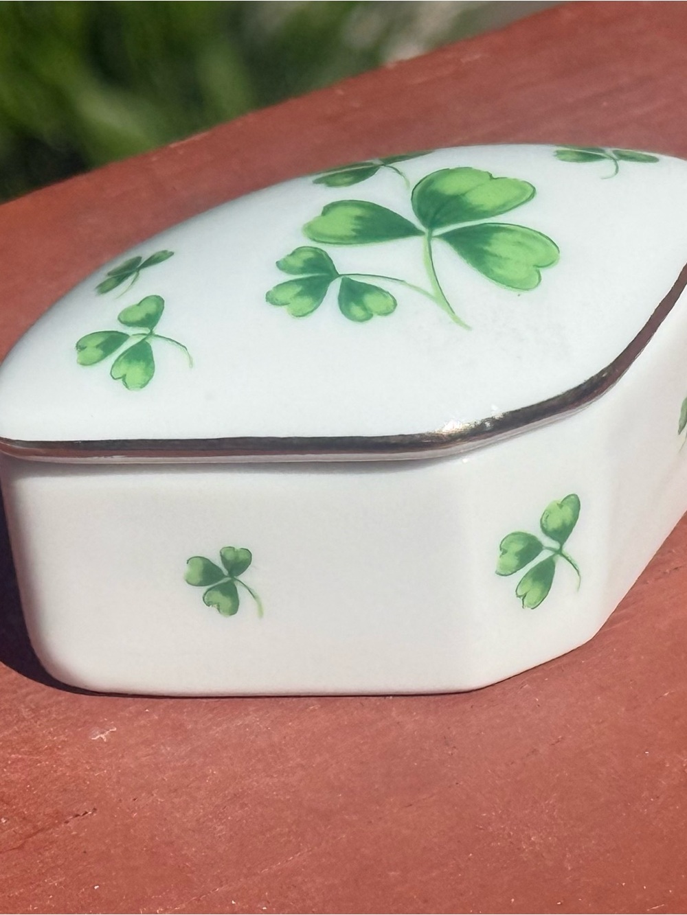 Shamrock Porcelain Trinket Box with Green Clover Design